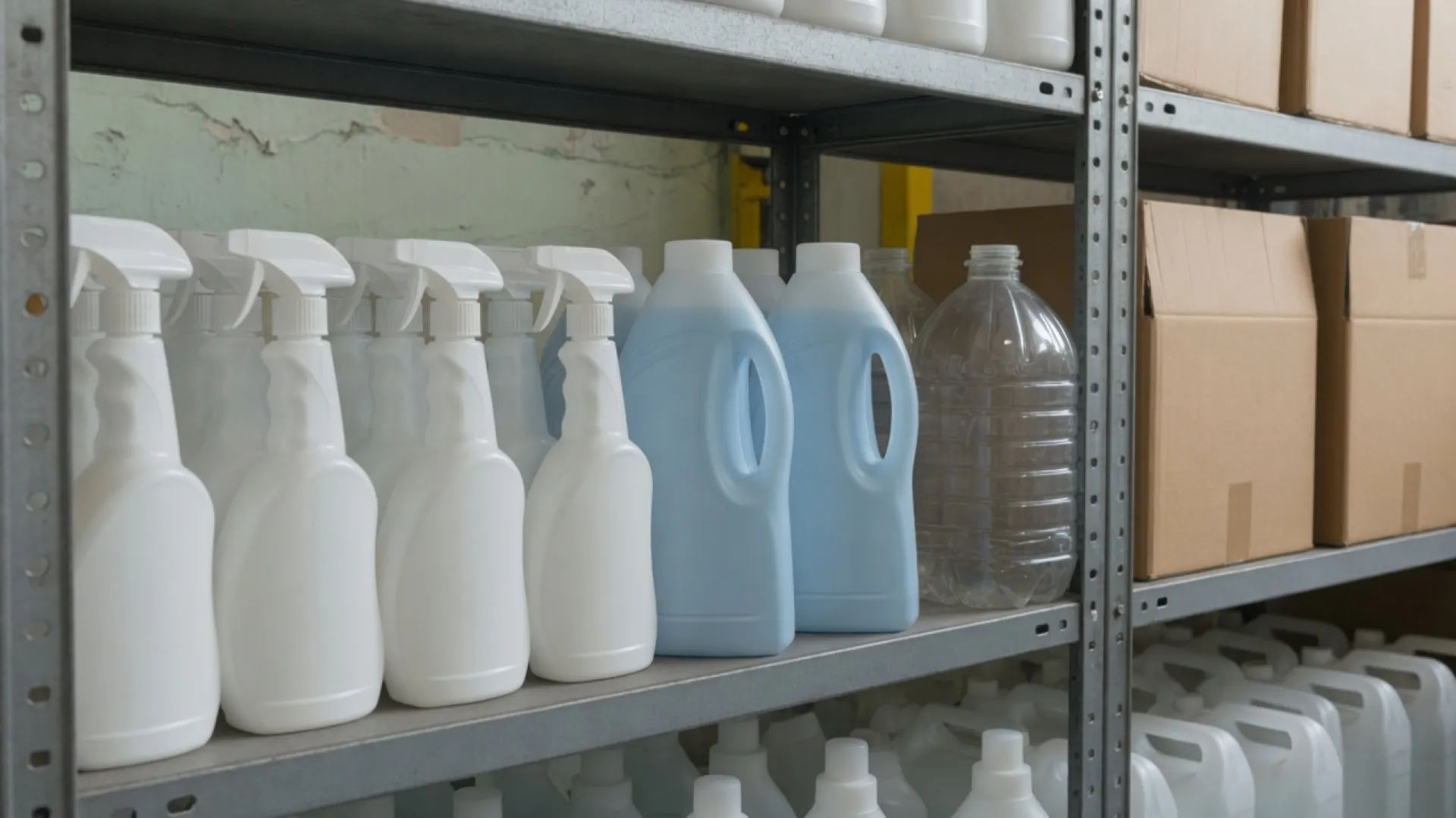 Shelves of household and professional cleaning goods in a distribution warehouse