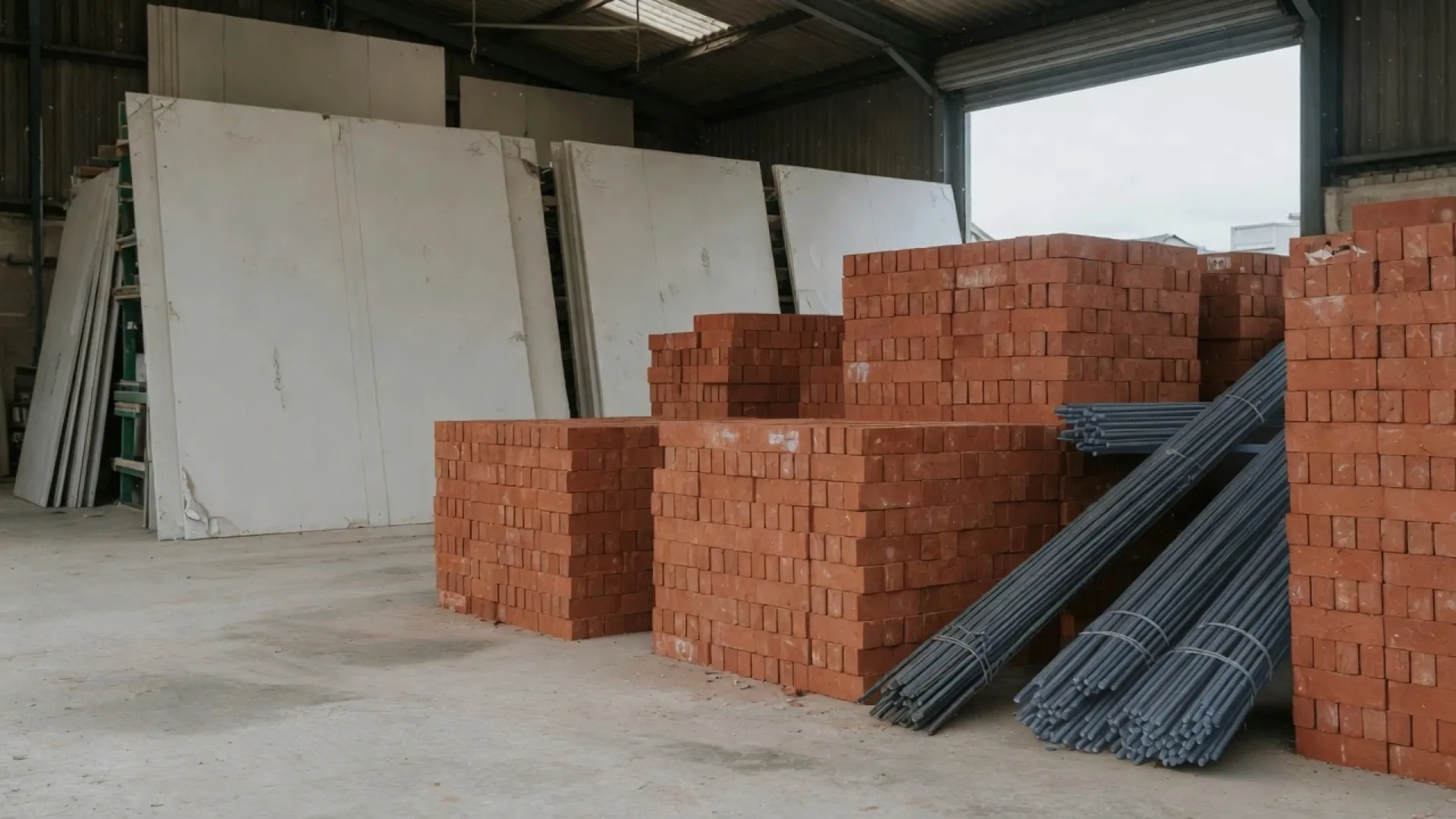 Rows of building materials stored in a construction supply yard