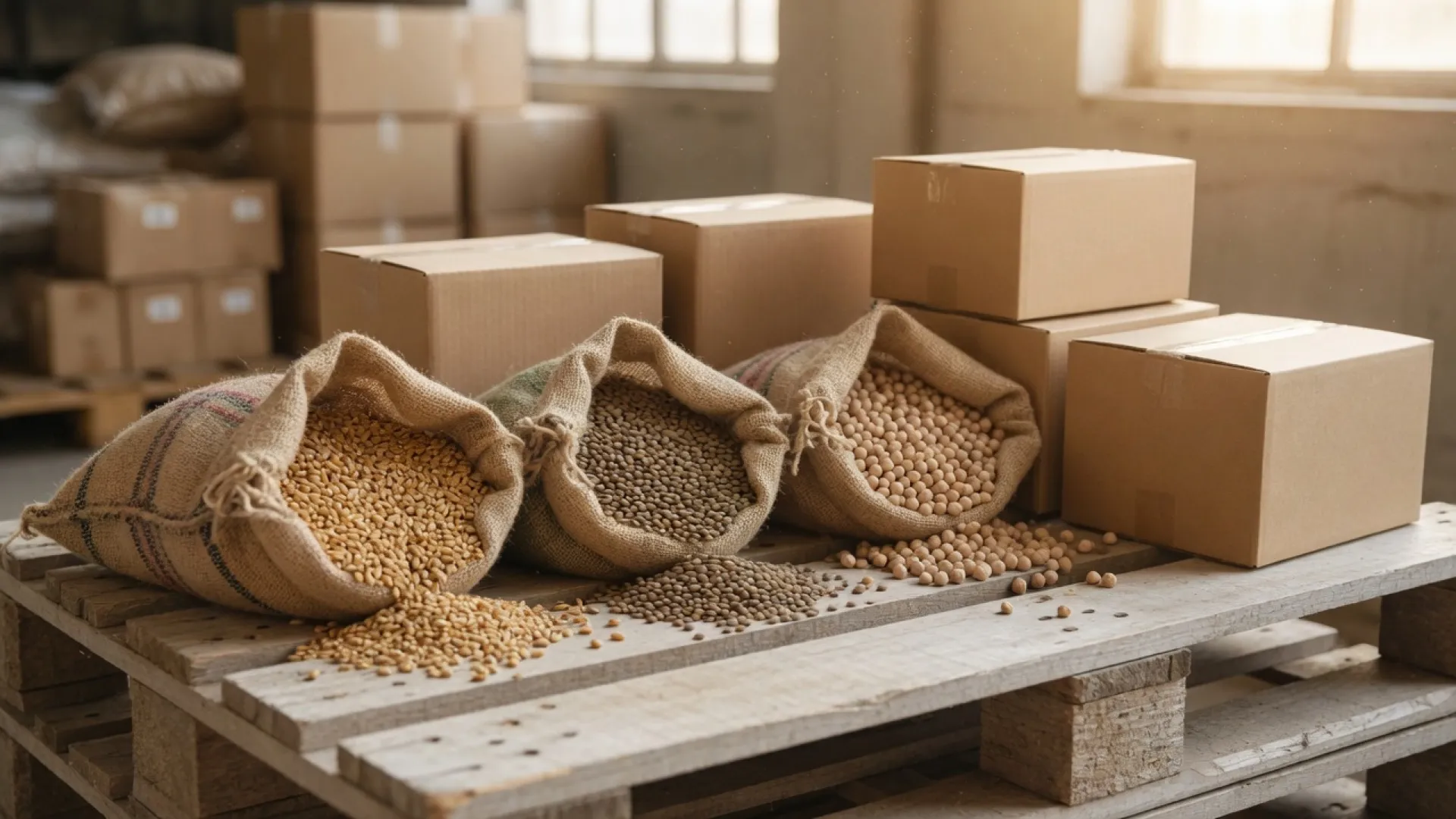 Dry goods stacked on wholesale shelves in a food distribution warehouse